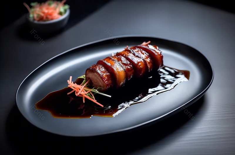 黑色桌子上叉烧放在盘子里的食物摄影图,高清,摄影图,摄影图片,图片大全,摄影图免费下载